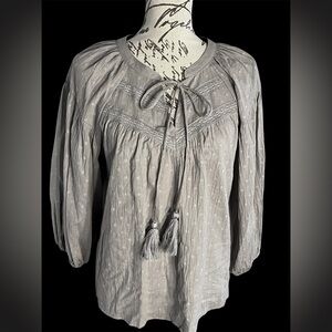 NWT Mustard Seed Elegant Gray embroidery Peasant Women's Blouse Loose Fit Medium